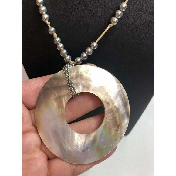 1950 CHICO'S silver tone abalone statement pendant necklace 30-34" *defect - Picture 4 of 5